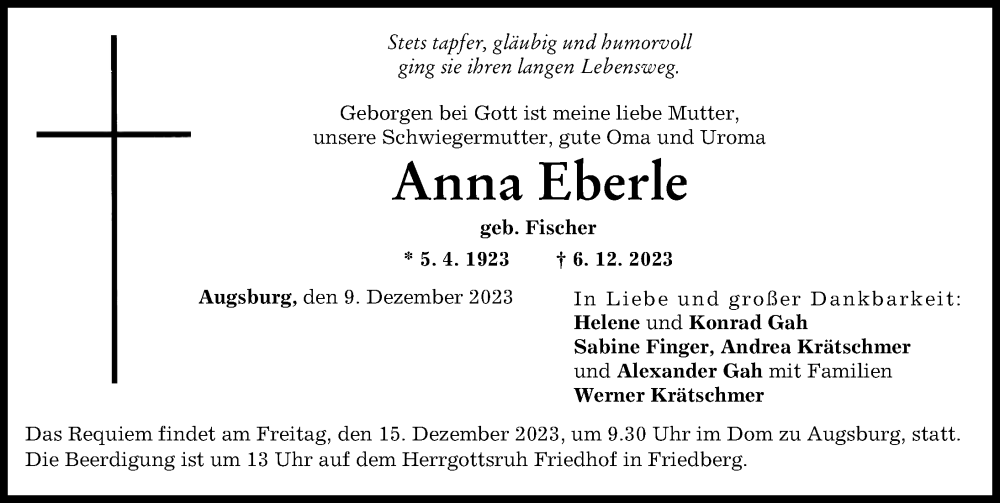  Traueranzeige für Anna Eberle vom 09.12.2023 aus Augsburger Allgemeine