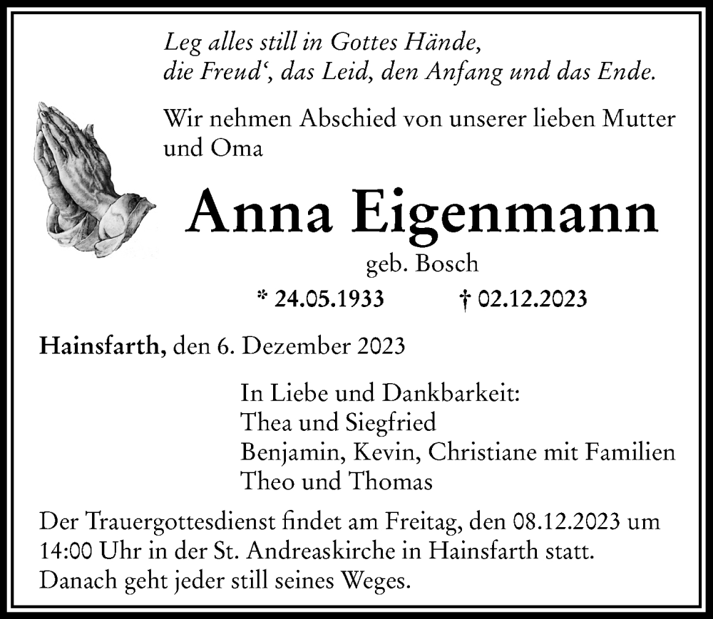  Traueranzeige für Anna Eigenmann vom 06.12.2023 aus Rieser Nachrichten