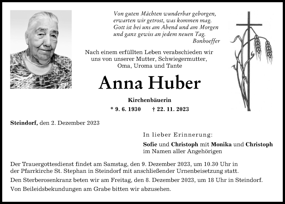  Traueranzeige für Anna Huber vom 02.12.2023 aus Landsberger Tagblatt, Friedberger Allgemeine