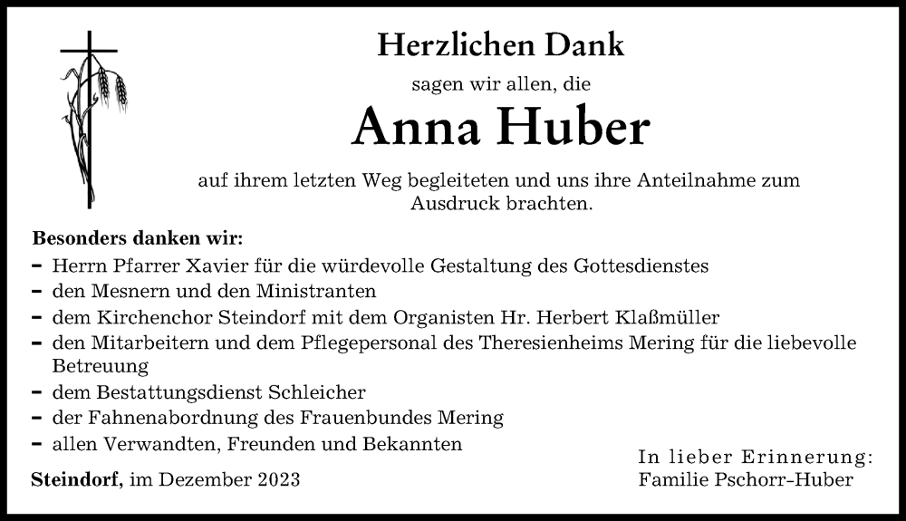  Traueranzeige für Anna Huber vom 16.12.2023 aus Landsberger Tagblatt, Friedberger Allgemeine