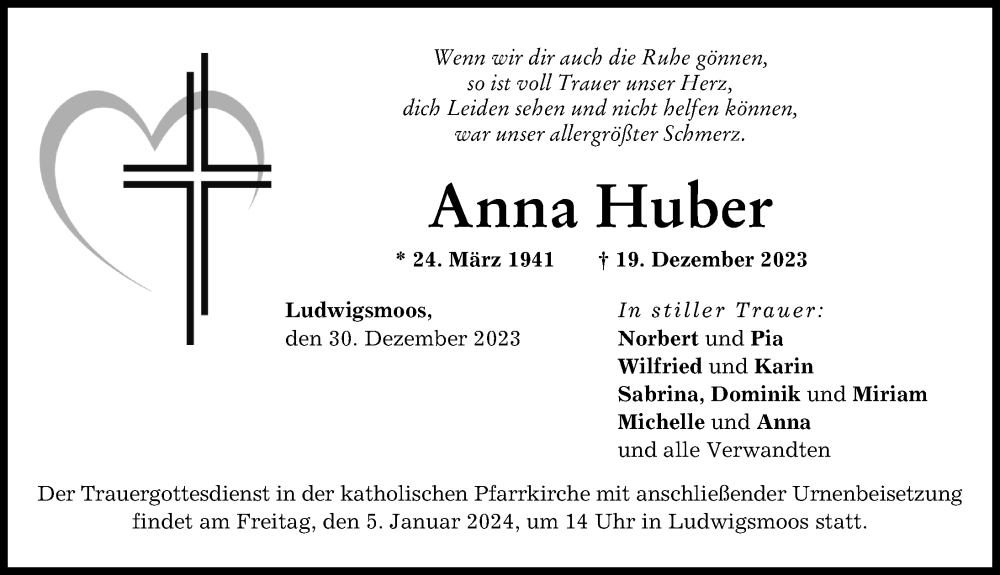 Traueranzeige von Anna Huber von Neuburger Rundschau