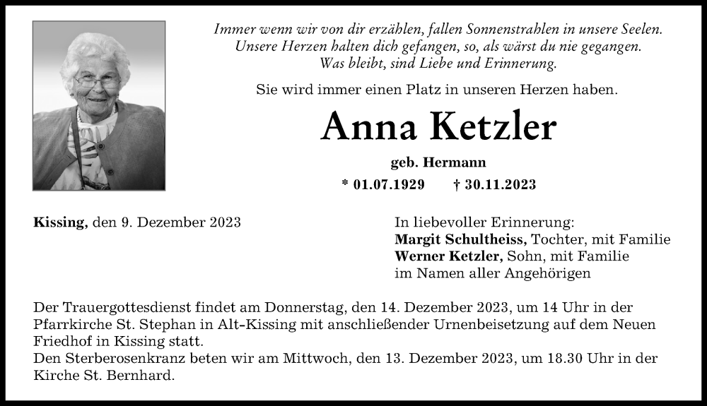  Traueranzeige für Anna Ketzler vom 09.12.2023 aus Friedberger Allgemeine