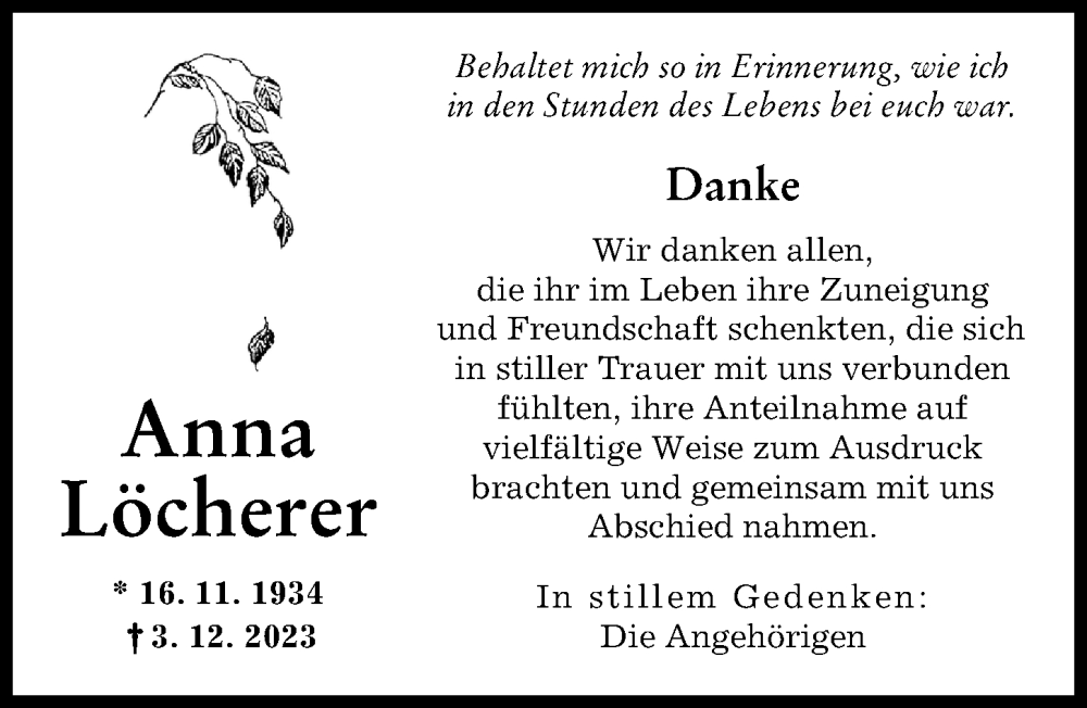  Traueranzeige für Anna Löcherer vom 23.12.2023 aus Landsberger Tagblatt