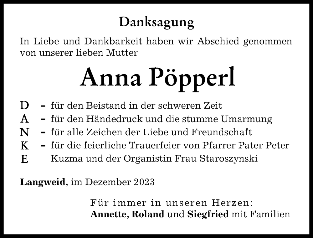  Traueranzeige für Anna Pöpperl vom 23.12.2023 aus Augsburg-Land