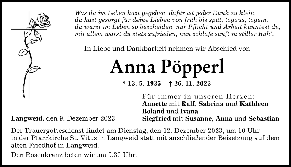  Traueranzeige für Anna Pöpperl vom 09.12.2023 aus Augsburg-Land