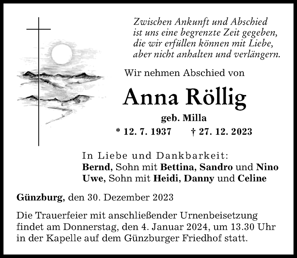 Traueranzeige von Anna Röllig von Günzburger Zeitung