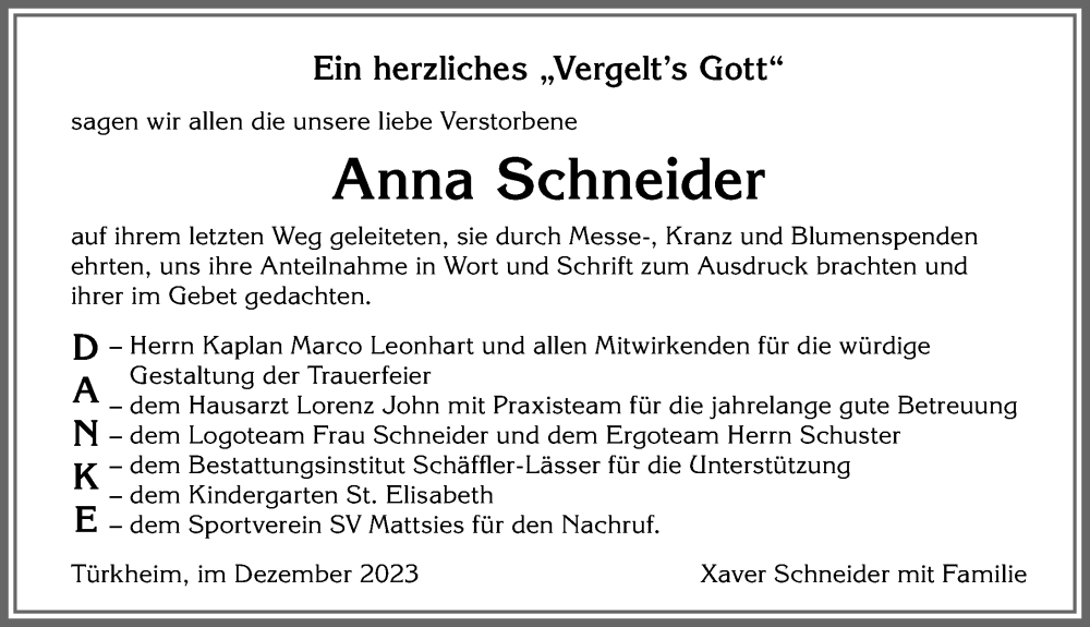  Traueranzeige für Anna Schneider vom 08.12.2023 aus Mindelheimer Zeitung