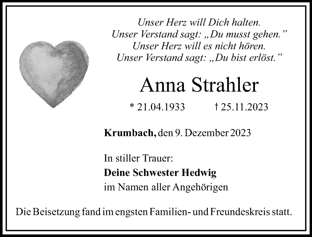  Traueranzeige für Anna Strahler vom 09.12.2023 aus Mittelschwäbische Nachrichten