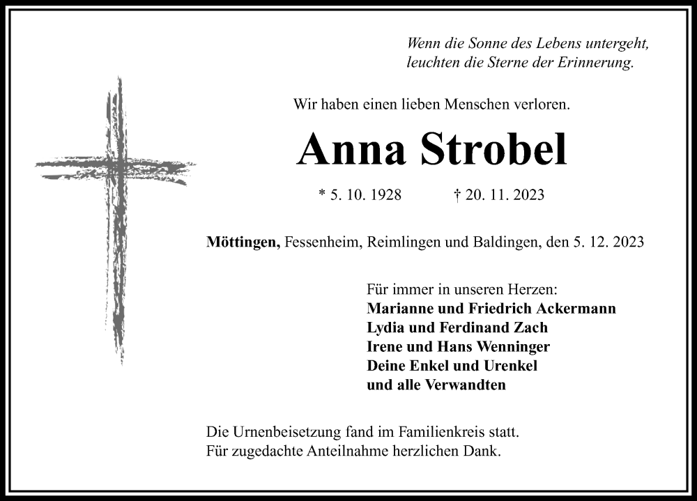  Traueranzeige für Anna Strobel vom 05.12.2023 aus Rieser Nachrichten