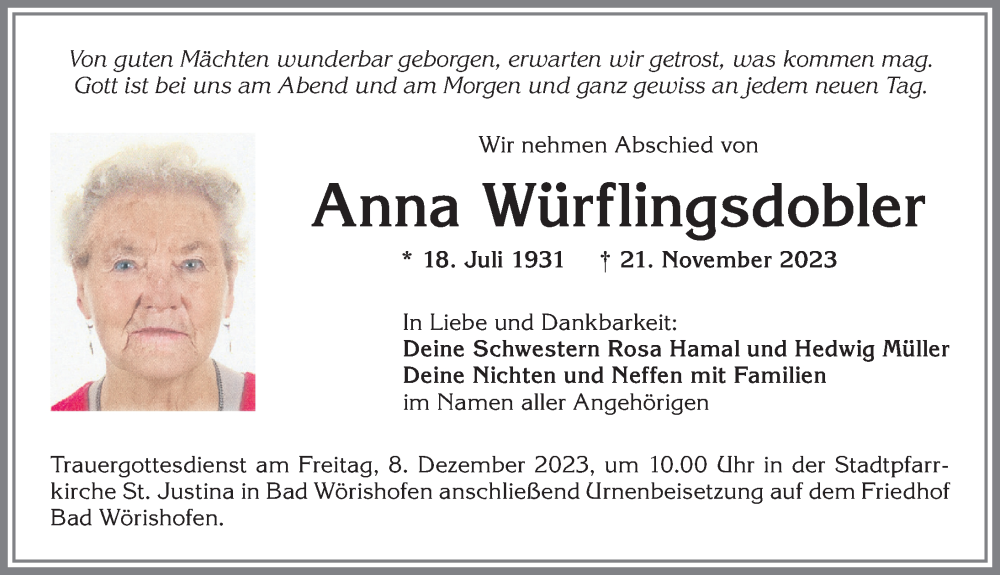  Traueranzeige für Anna Würflingsdobler vom 02.12.2023 aus Mindelheimer Zeitung