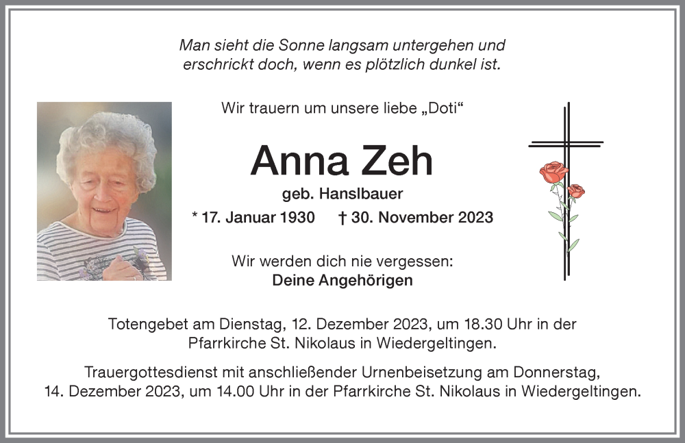  Traueranzeige für Anna Zeh vom 09.12.2023 aus Mindelheimer Zeitung