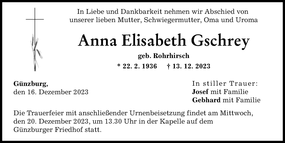 Traueranzeige von Anna Elisabeth Gschrey von Günzburger Zeitung