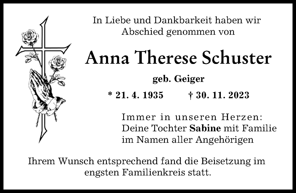 Traueranzeige von Anna Therese Schuster von Schwabmünchner Allgemeine