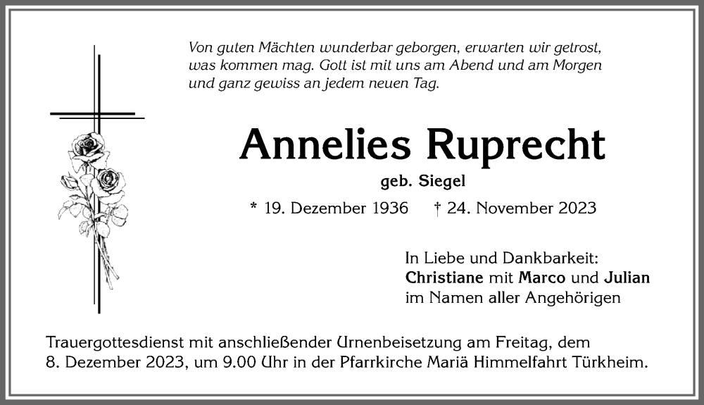  Traueranzeige für Annelies Ruprecht vom 06.12.2023 aus Mindelheimer Zeitung