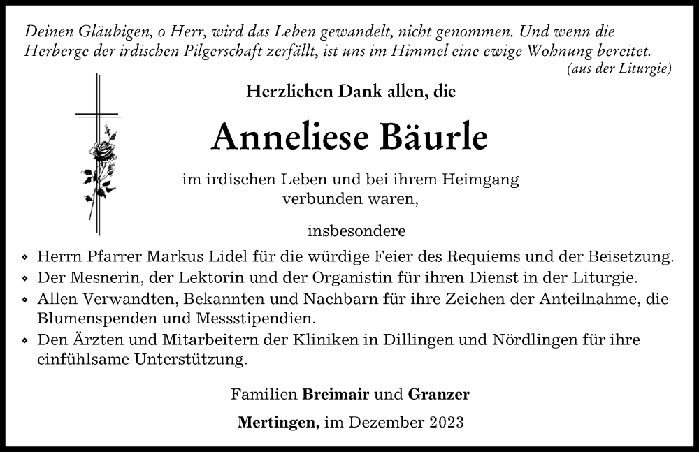  Traueranzeige für Anneliese Bäurle vom 06.12.2023 aus Donauwörther Zeitung