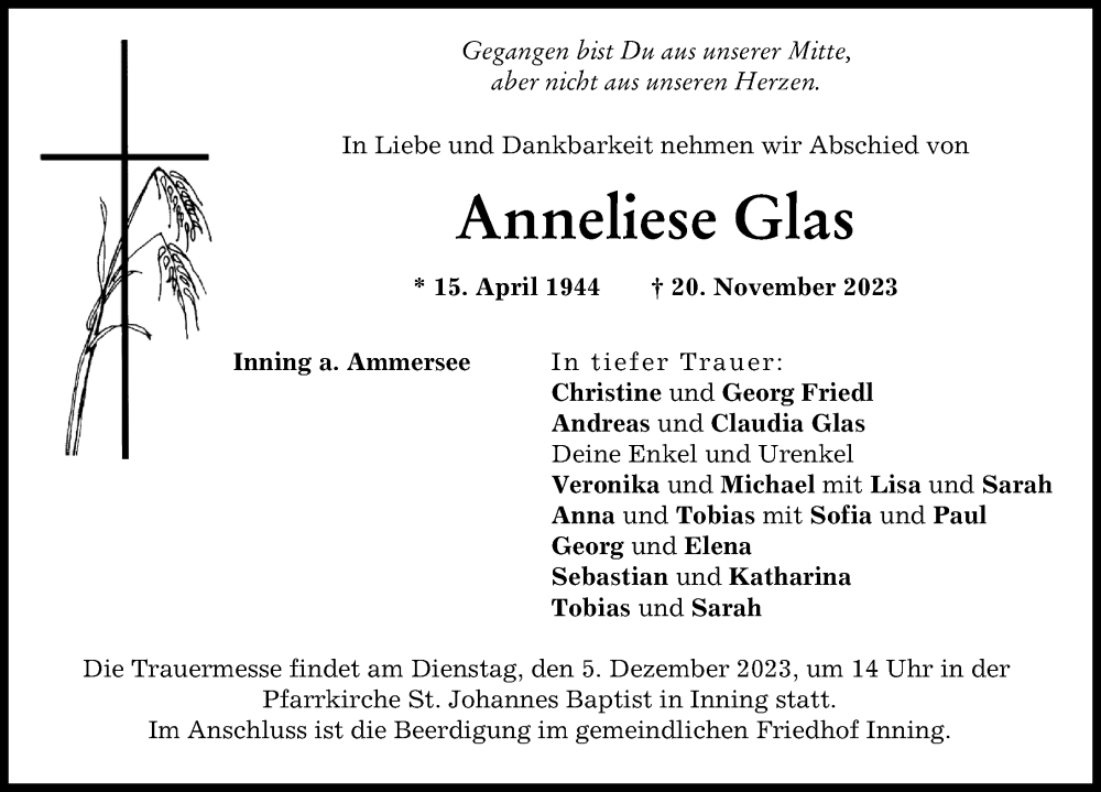 Traueranzeige für Anneliese Glas vom 02.12.2023 aus Landsberger Tagblatt