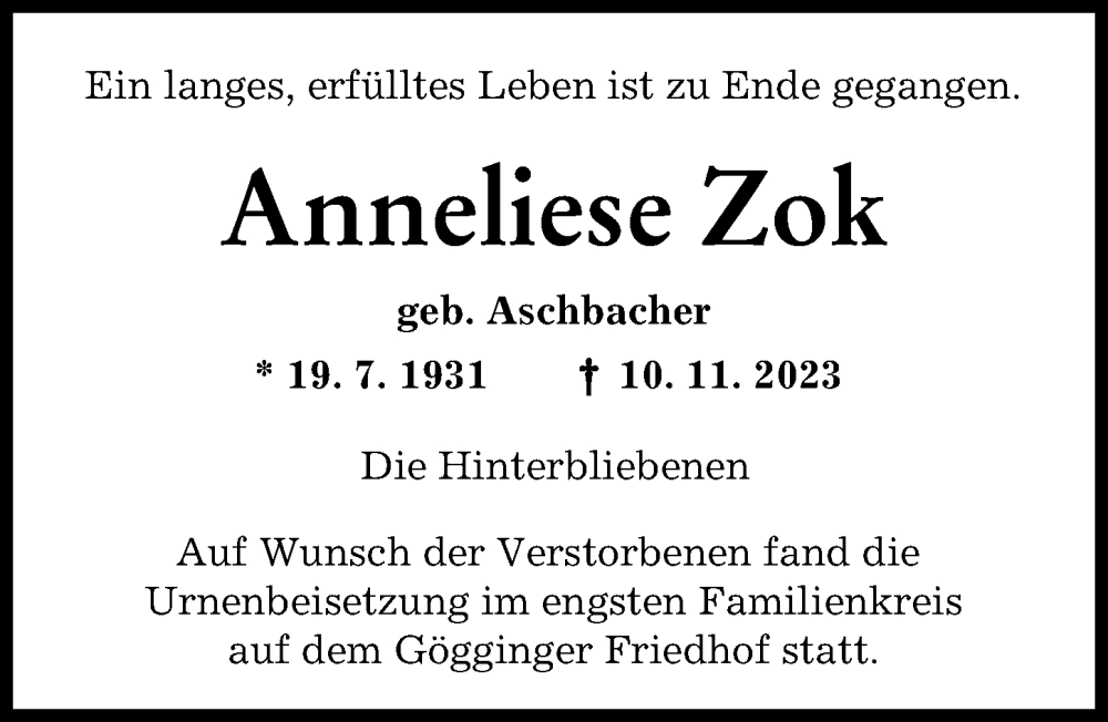  Traueranzeige für Anneliese Zok vom 09.12.2023 aus Augsburger Allgemeine