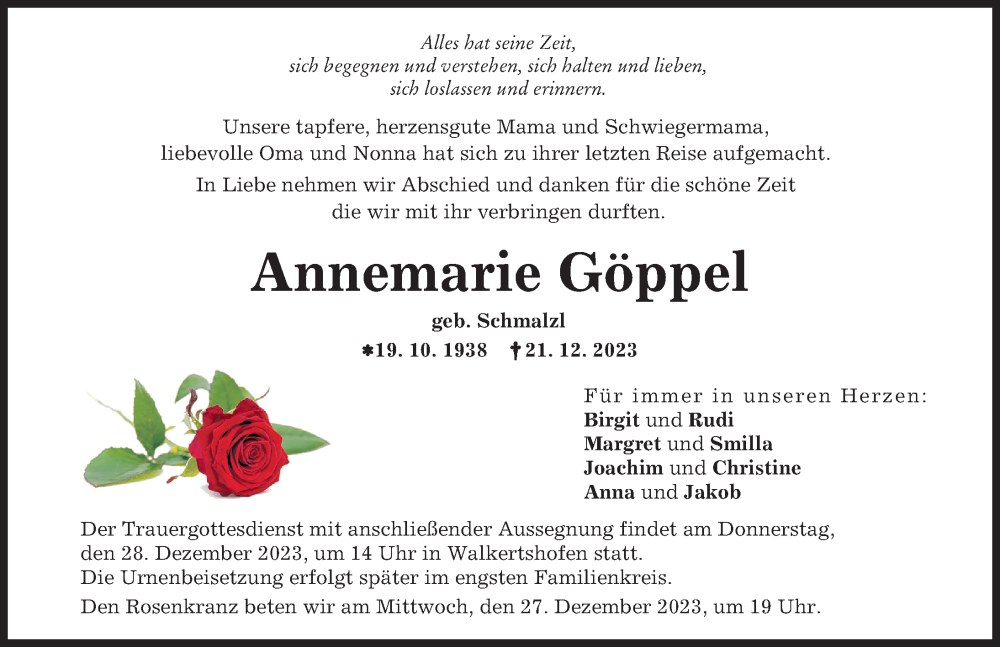 Traueranzeige von Annemarie Göppel von Schwabmünchner Allgemeine