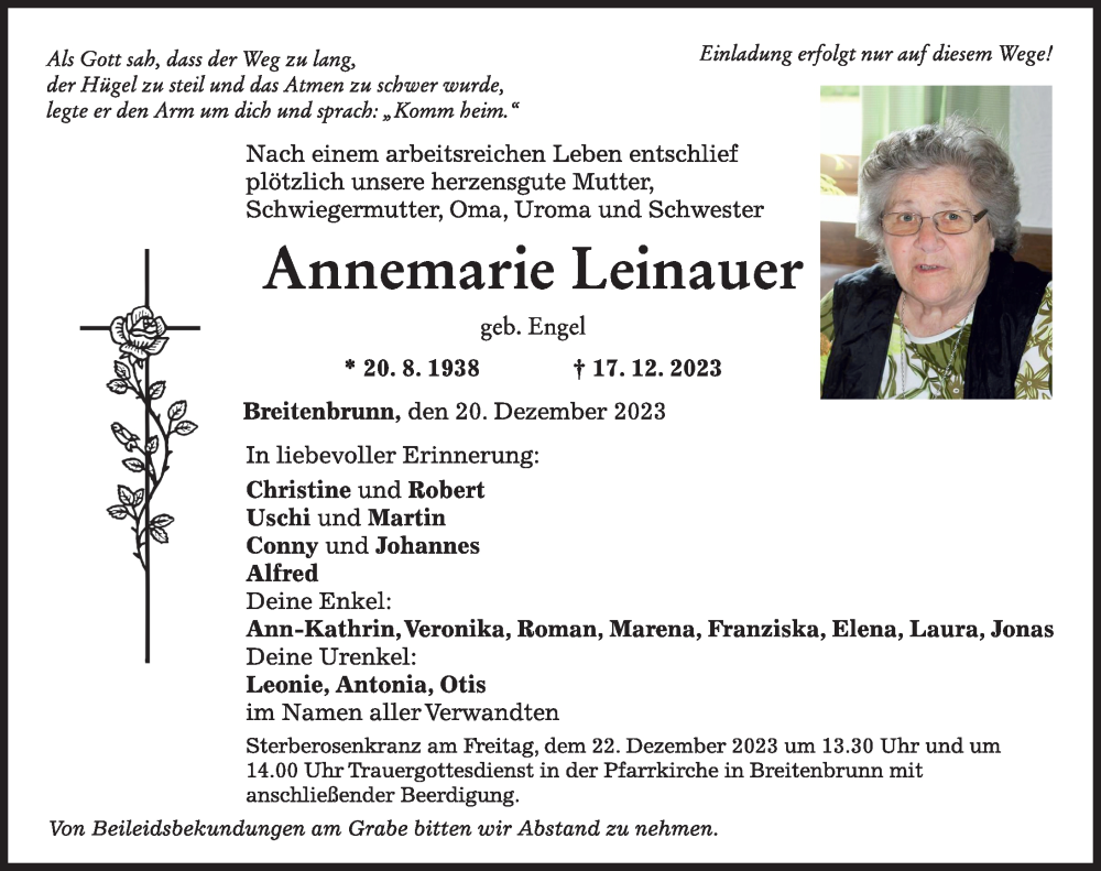 Traueranzeige von Annemarie Leinauer von Mindelheimer Zeitung