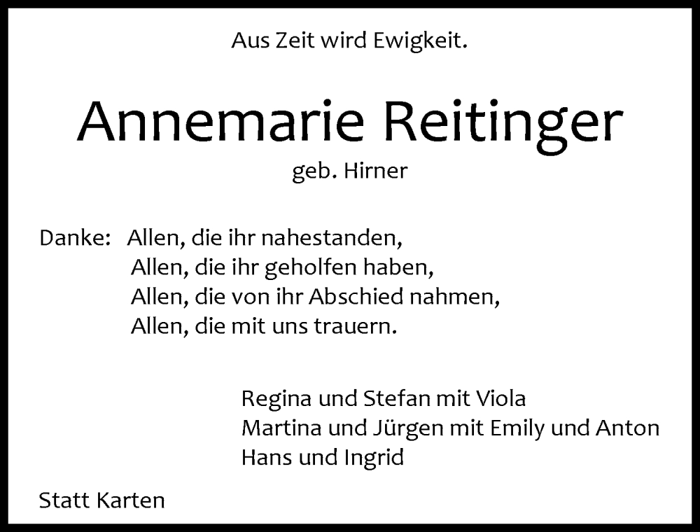  Traueranzeige für Annemarie Reitfinger vom 02.12.2023 aus Augsburger Allgemeine, Neu-Ulmer Zeitung