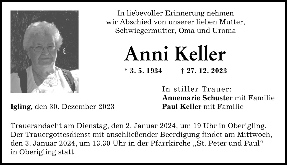 Traueranzeige von Anni Keller von Landsberger Tagblatt