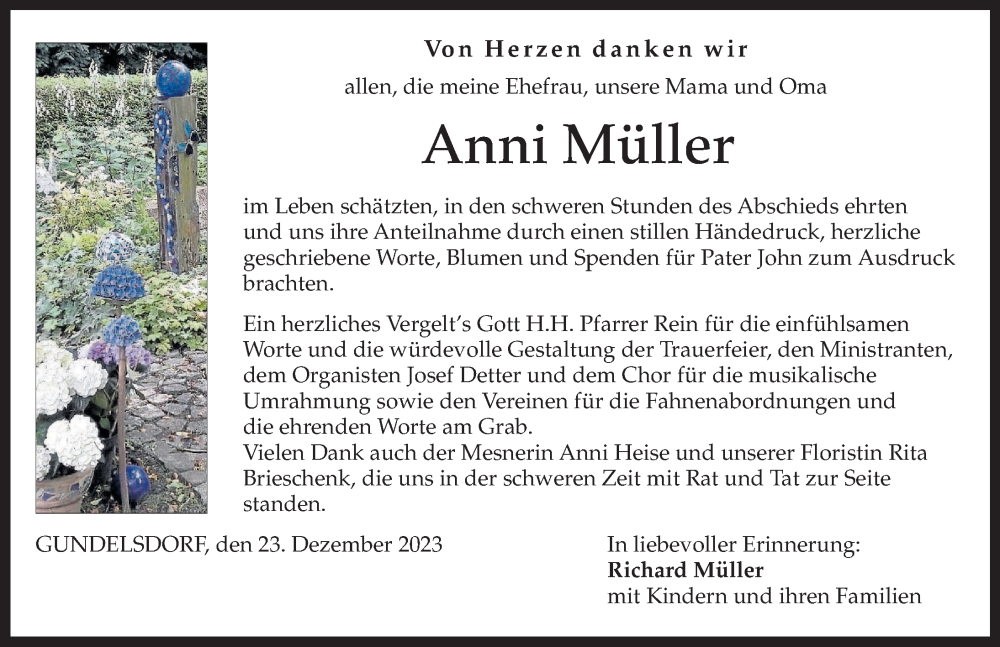  Traueranzeige für Anni Müller vom 23.12.2023 aus Aichacher Nachrichten