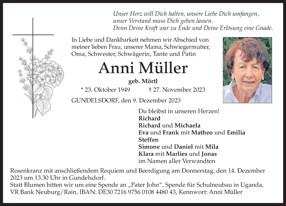  Traueranzeige für Anni Müller vom 09.12.2023 aus Aichacher Nachrichten