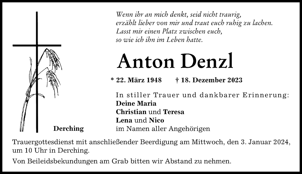  Traueranzeige für Anton Denzl vom 23.12.2023 aus Friedberger Allgemeine