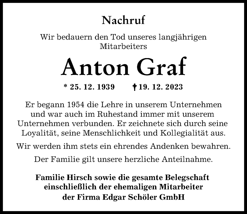  Traueranzeige für Anton Graf vom 02.12.2023 aus Schwabmünchner Allgemeine