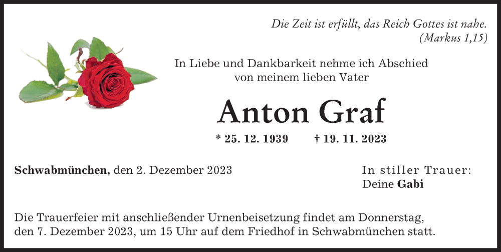  Traueranzeige für Anton Graf vom 02.12.2023 aus Schwabmünchner Allgemeine