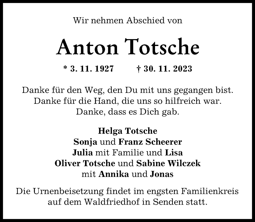  Traueranzeige für Anton Totsche vom 05.12.2023 aus Neu-Ulmer Zeitung