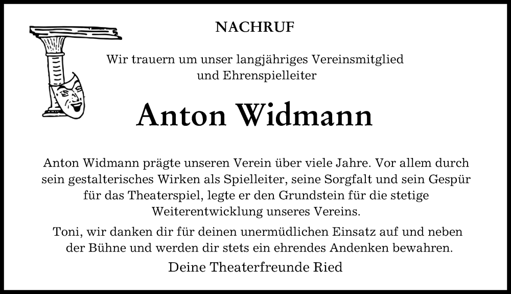 Traueranzeige von Anton Widmann von Friedberger Allgemeine