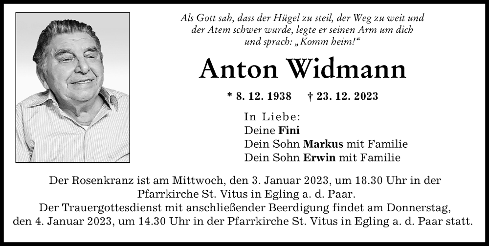 Traueranzeige von Anton Widmann von Landsberger Tagblatt, Friedberger Allgemeine