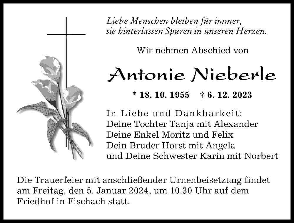 Traueranzeige von Antonie Nieberle von Augsburger Allgemeine