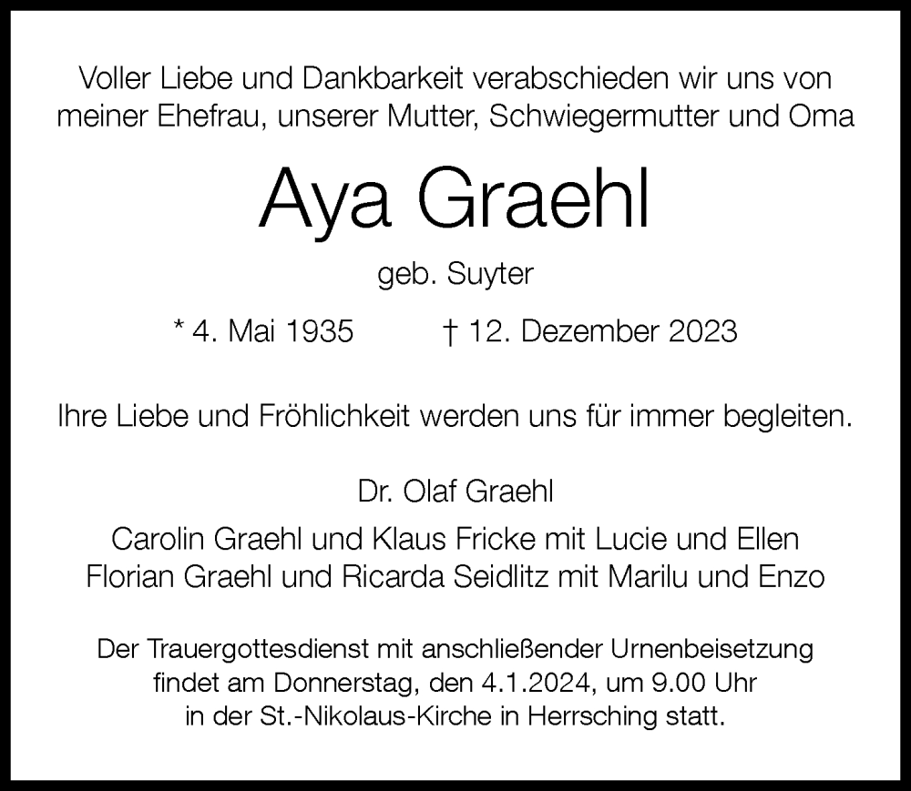 Traueranzeige von Aya Graehl von Augsburger Allgemeine