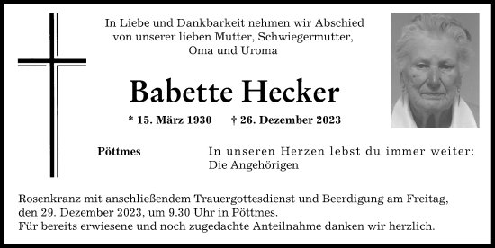 Traueranzeige von Babette Hecker von Aichacher Nachrichten