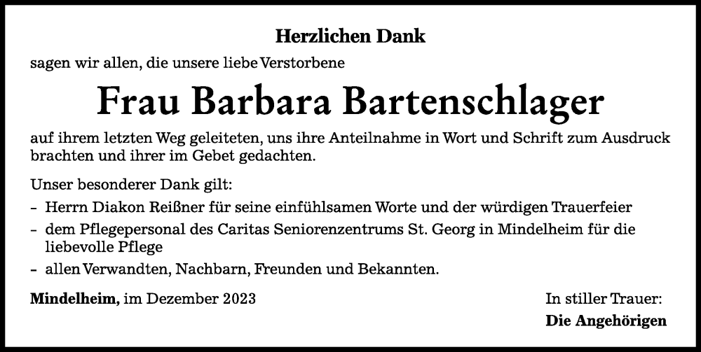  Traueranzeige für Barbara Bartenschlager vom 16.12.2023 aus Mindelheimer Zeitung