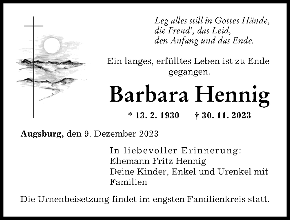  Traueranzeige für Barbara Hennig vom 09.12.2023 aus Augsburger Allgemeine