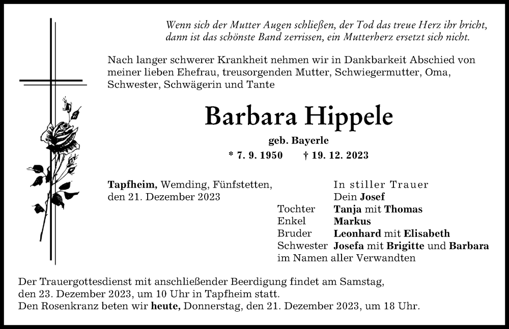 Traueranzeige von Barbara Hippele von Donau Zeitung, Donauwörther Zeitung