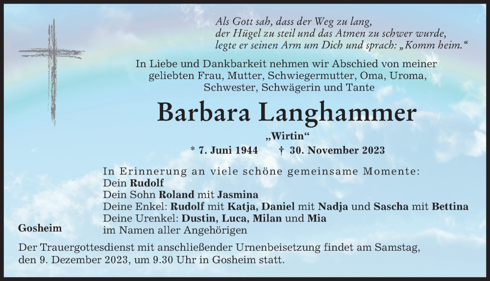  Traueranzeige für Barbara Langhammer vom 06.12.2023 aus Donauwörther Zeitung