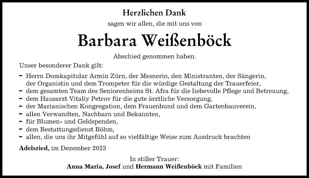  Traueranzeige für Barbara Weißenböck vom 23.12.2023 aus Augsburg-Land