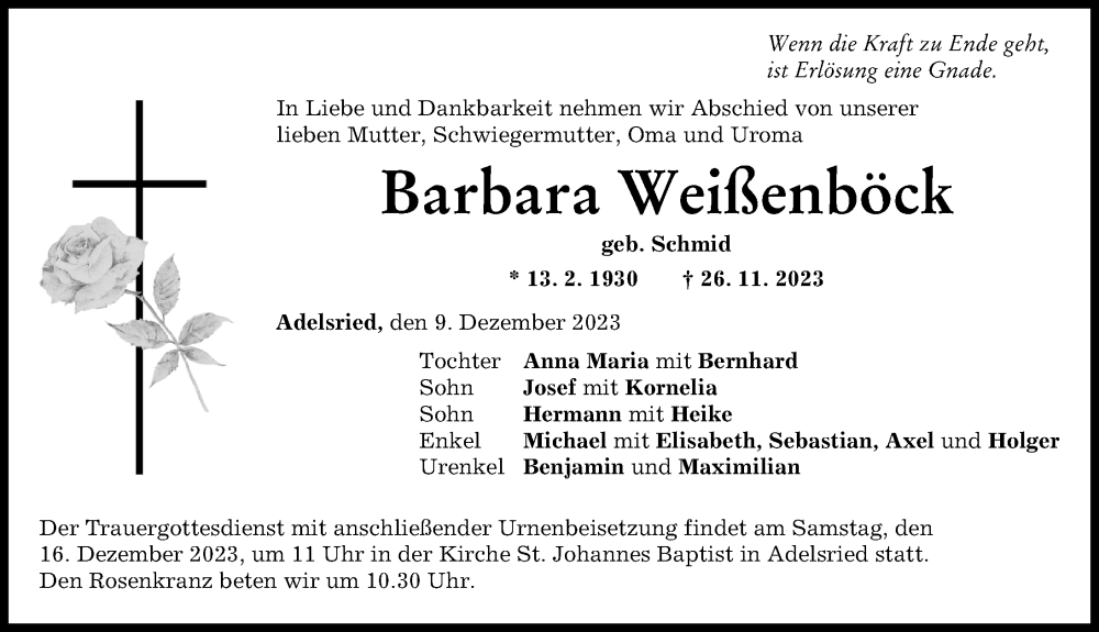  Traueranzeige für Barbara Weißenböck vom 09.12.2023 aus Augsburg-Land