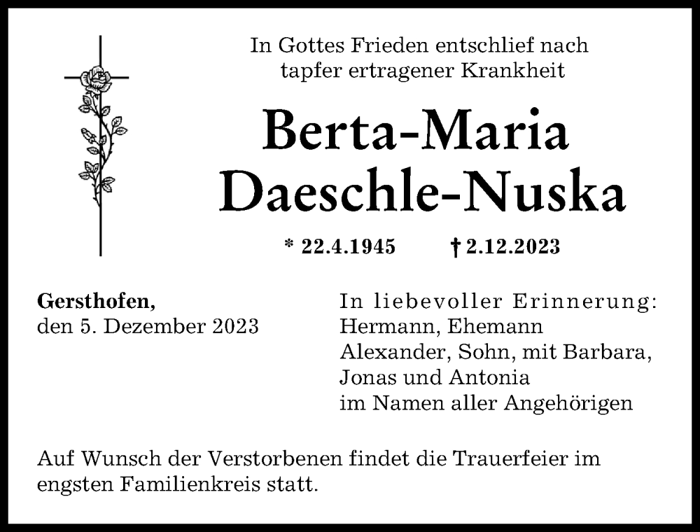  Traueranzeige für Berta-Maria Daeschle-Nuska vom 05.12.2023 aus Augsburger Allgemeine