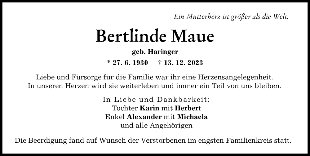 Traueranzeige von Bertlinde Maue von Neu-Ulmer Zeitung