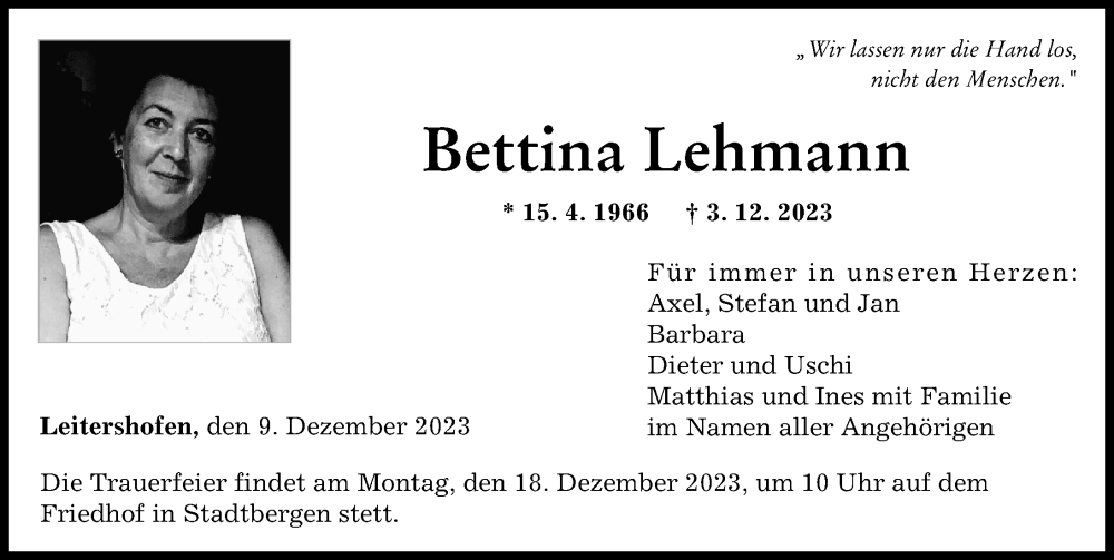  Traueranzeige für Bettina Lehmann vom 09.12.2023 aus Augsburger Allgemeine