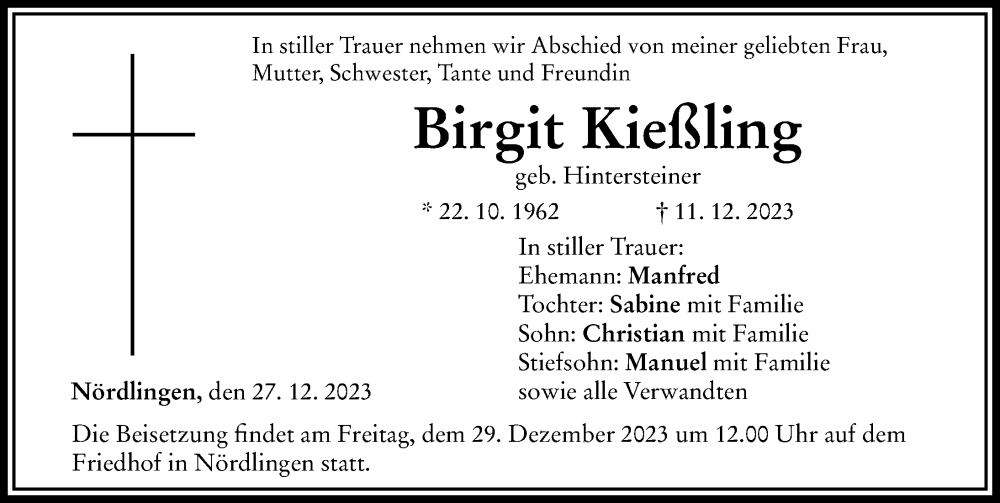 Traueranzeige von Birgit Kießling von Rieser Nachrichten