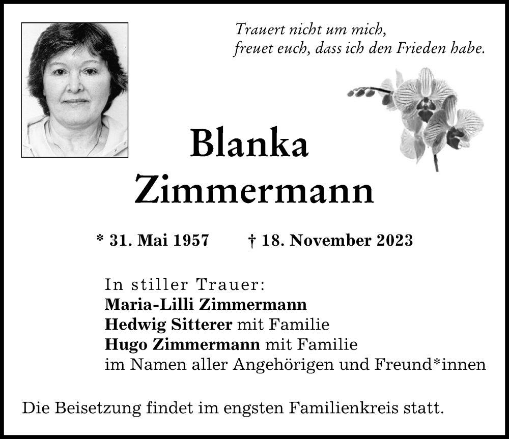  Traueranzeige für Blanka Zimmermann vom 02.12.2023 aus Augsburg-Land