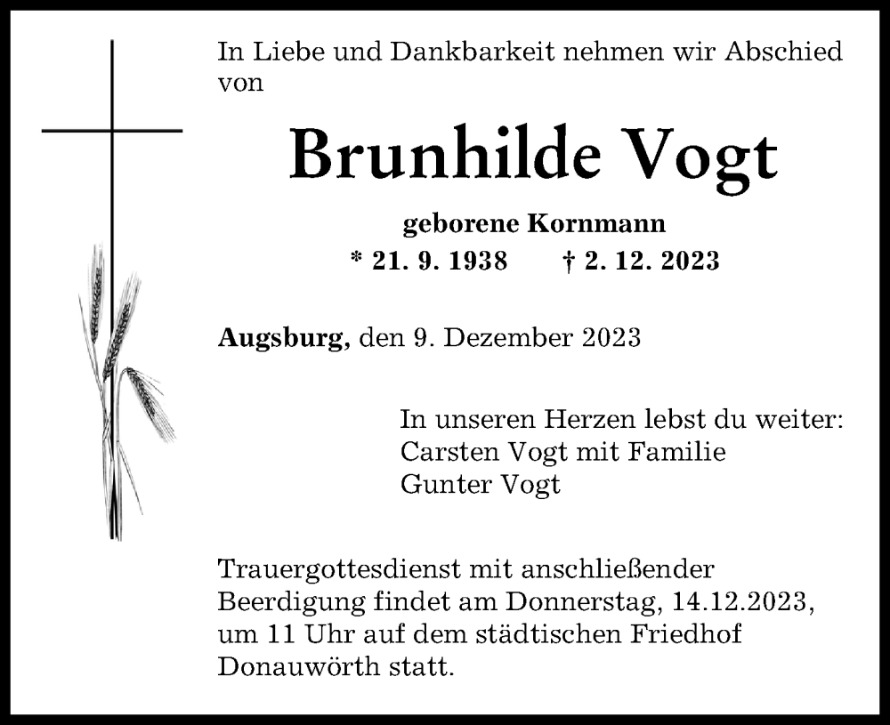  Traueranzeige für Brunhilde Vogt vom 09.12.2023 aus Donauwörther Zeitung, Augsburger Allgemeine