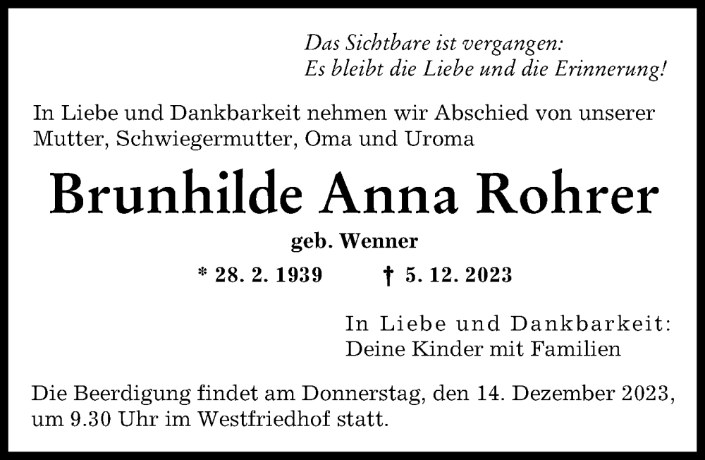  Traueranzeige für Brunhilde Anna Rohrer vom 09.12.2023 aus Augsburger Allgemeine