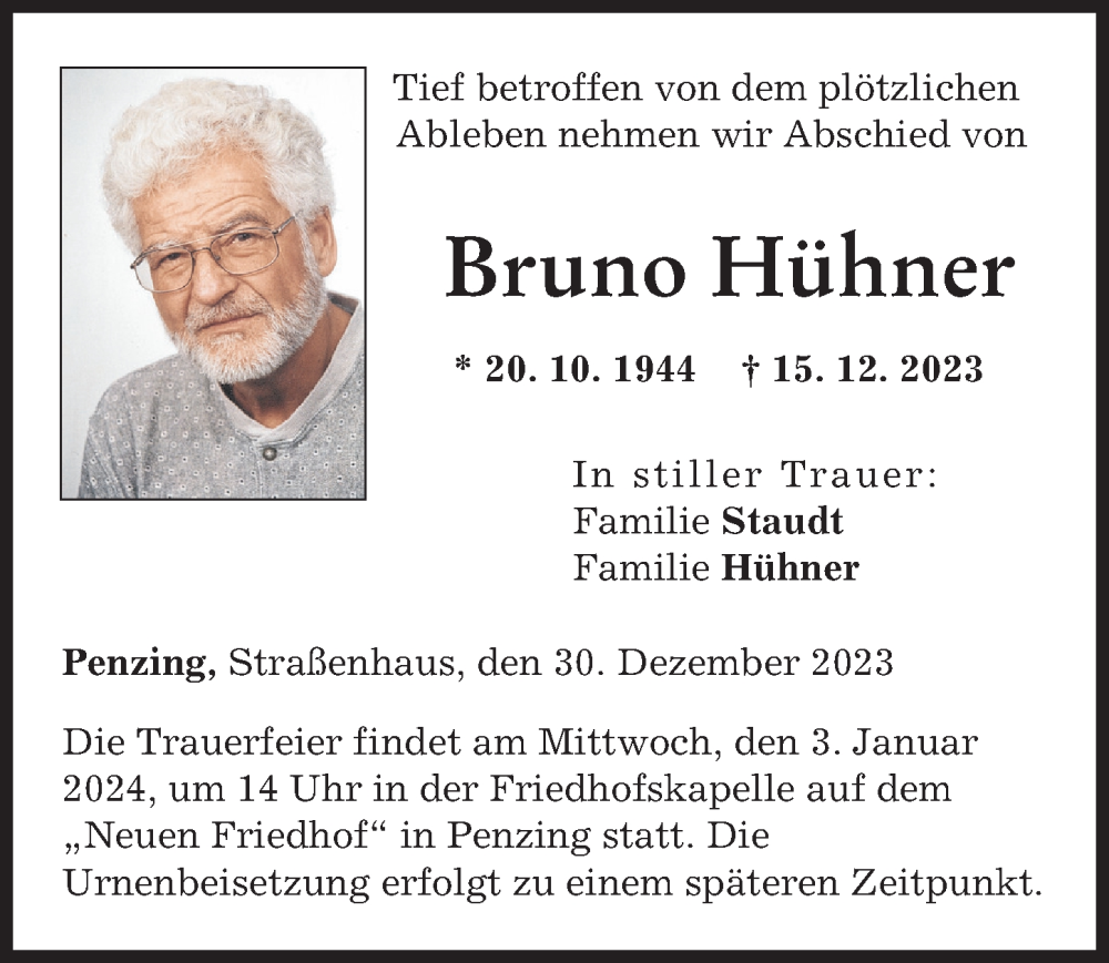 Traueranzeige von Bruno Hühner von Landsberger Tagblatt